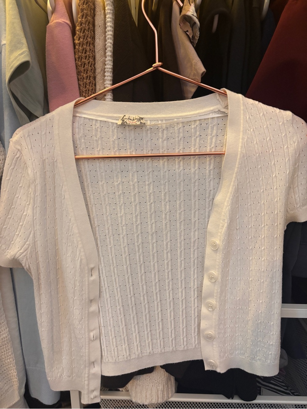 Free People Cream Short-Sleeve Button-Front Knit Cardigan